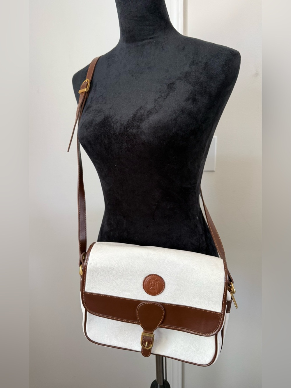 White and Brown Leather Flap Crossbody Bag with Adjustable Strap